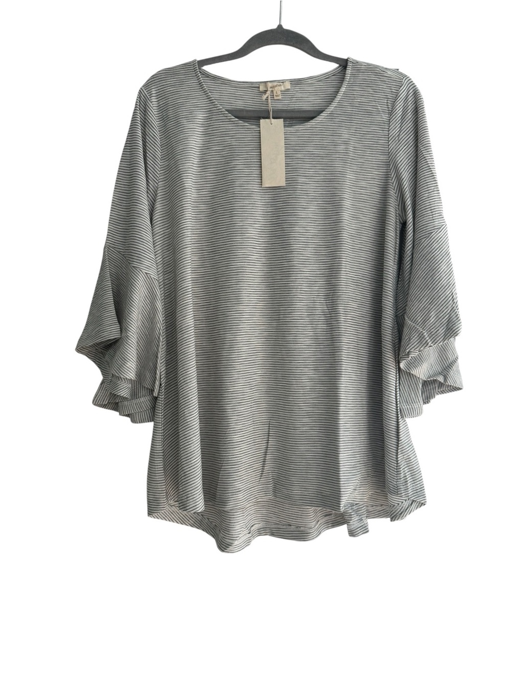 Mystree Women’s 3/4 Bell Sleeve Striped Knit Blouse Black & Beige Boho Top